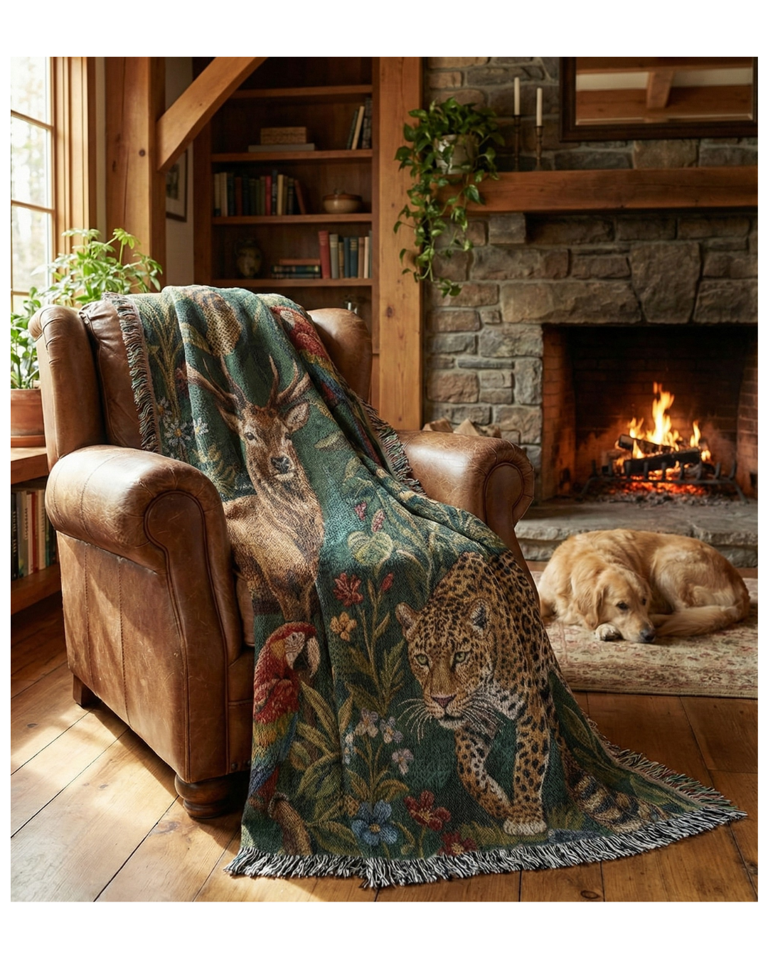 Woven Tapestry Throw Blanket – "The Global Wild" – Luxury Jacquard Wildlife Design (Stag, Jaguar, Macaw) – Cotton Fringe Sofa Throw, Bedspread & Wall Art