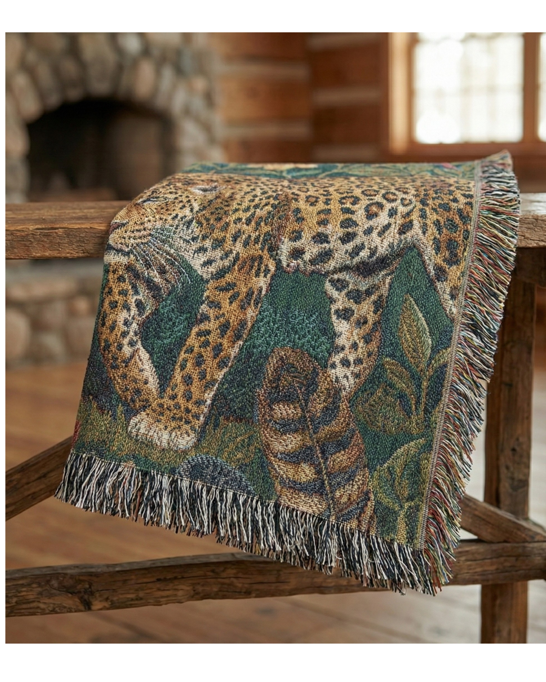 Woven Tapestry Throw Blanket – "The Global Wild" – Luxury Jacquard Wildlife Design (Stag, Jaguar, Macaw) – Cotton Fringe Sofa Throw, Bedspread & Wall Art