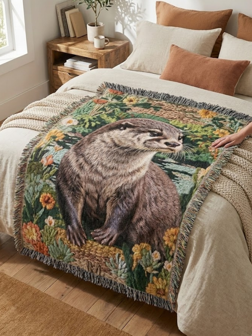 Otter Woven Blanket Botanical Wildlife Art Textile with Fringe