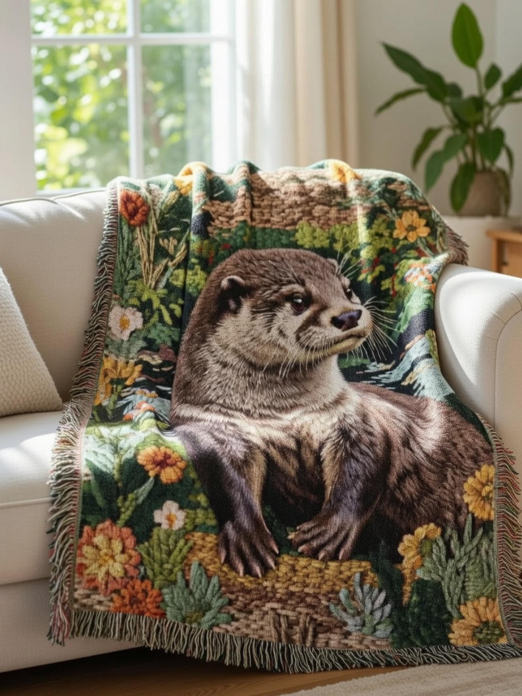 Otter Woven Blanket Botanical Wildlife Art Textile with Fringe