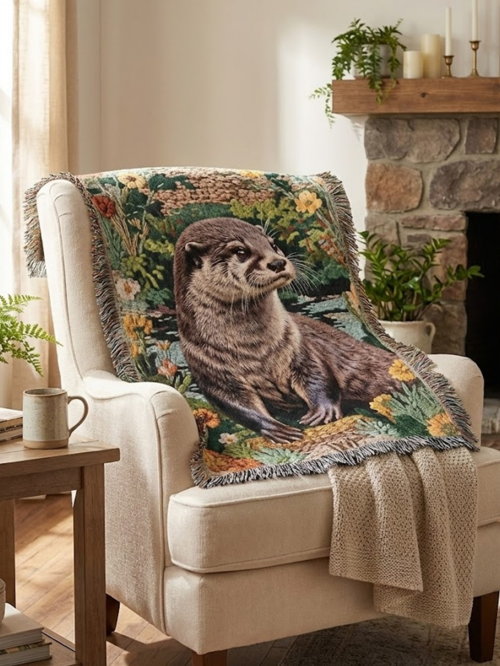Otter Woven Blanket Botanical Wildlife Art Textile with Fringe