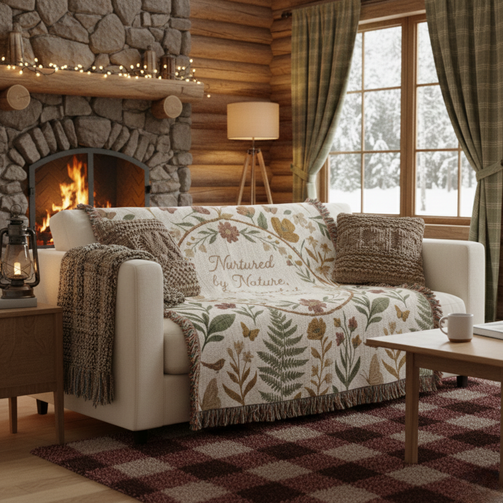 Botanical Wreath Woven Cotton Blanket – “Nurtured by Nature” Floral Throw Gift