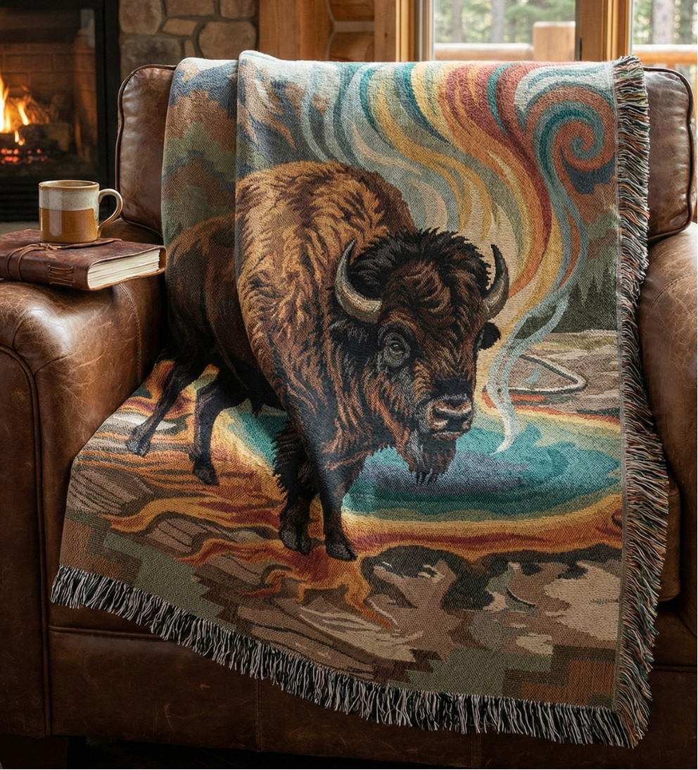 The Prism Bison – Woven Tapestry Throw & Wall Art | Yellowstone National Park Psychedelic Western Design | Luxury Jacquard Decor