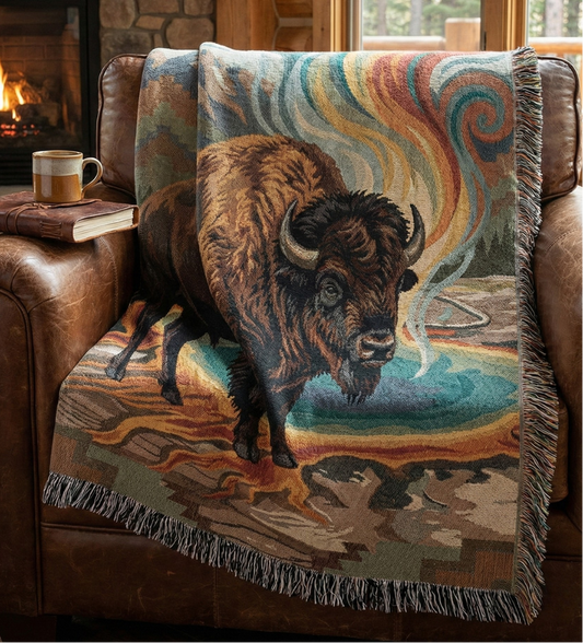 The Prism Bison – Woven Tapestry Throw & Wall Art | Yellowstone National Park Psychedelic Western Design | Luxury Jacquard Decor