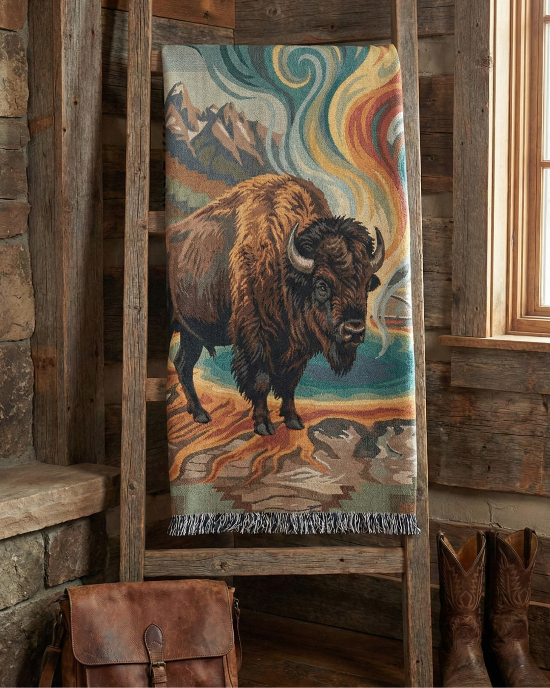 The Prism Bison – Woven Tapestry Throw & Wall Art | Yellowstone National Park Psychedelic Western Design | Luxury Jacquard Decor