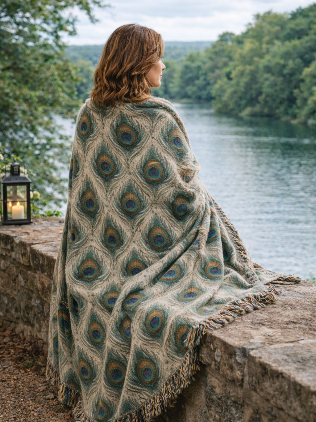 Boho Peacock Feather Woven Blanket Vintage Textile Art Throw