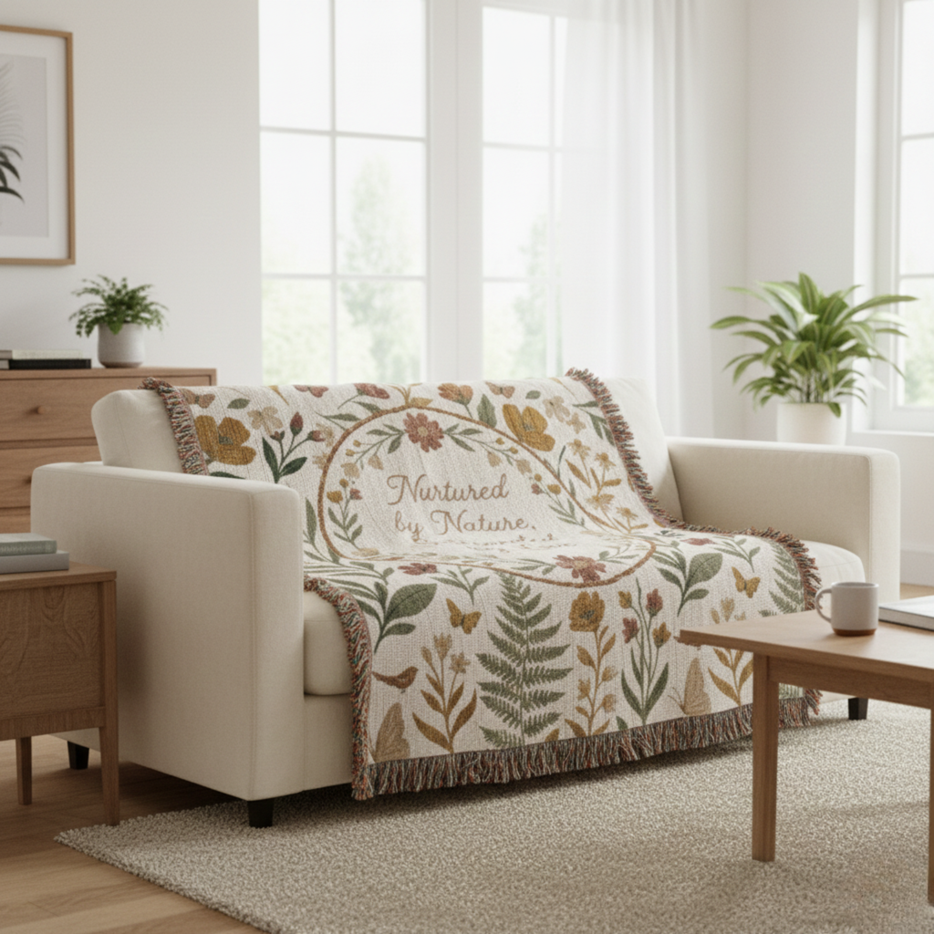 Botanical Wreath Woven Cotton Blanket – “Nurtured by Nature” Floral Throw Gift