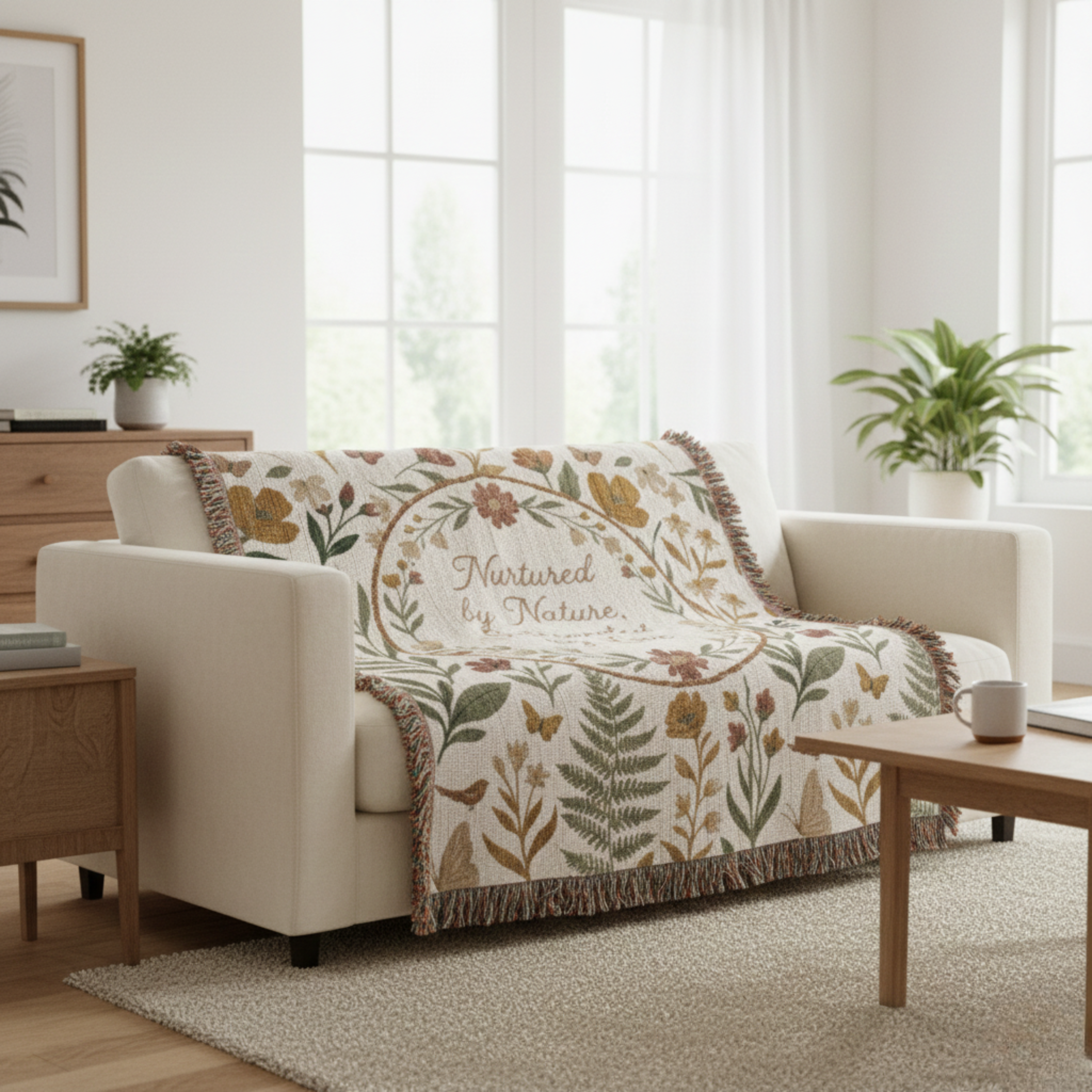 Botanical Wreath Woven Cotton Blanket – “Nurtured by Nature” Floral Throw Gift