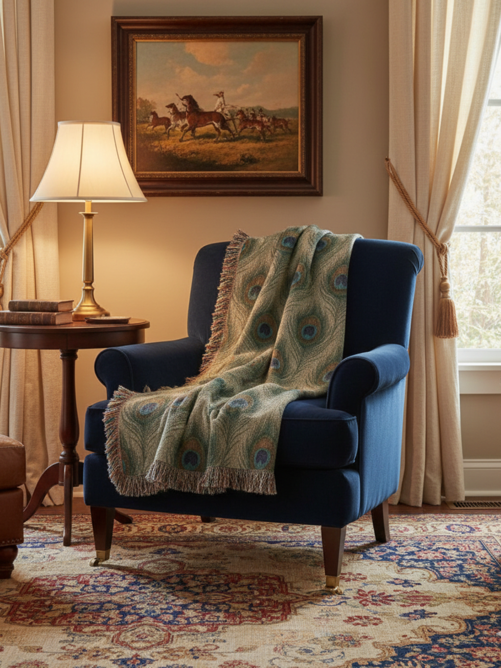 Boho Peacock Feather Woven Blanket Vintage Textile Art Throw