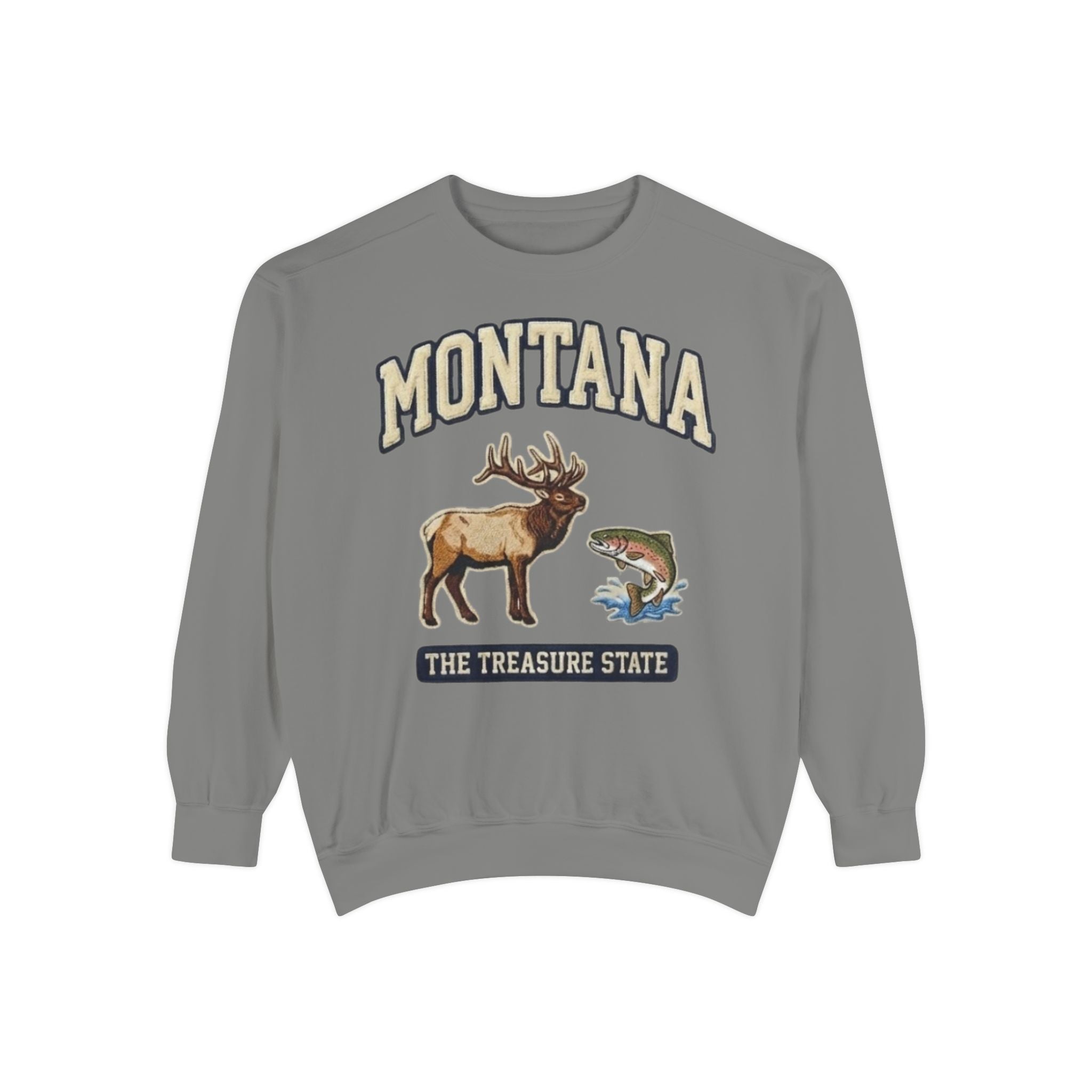Vintage inspired elk and trout wildlife graphic on Montana sweatshirt