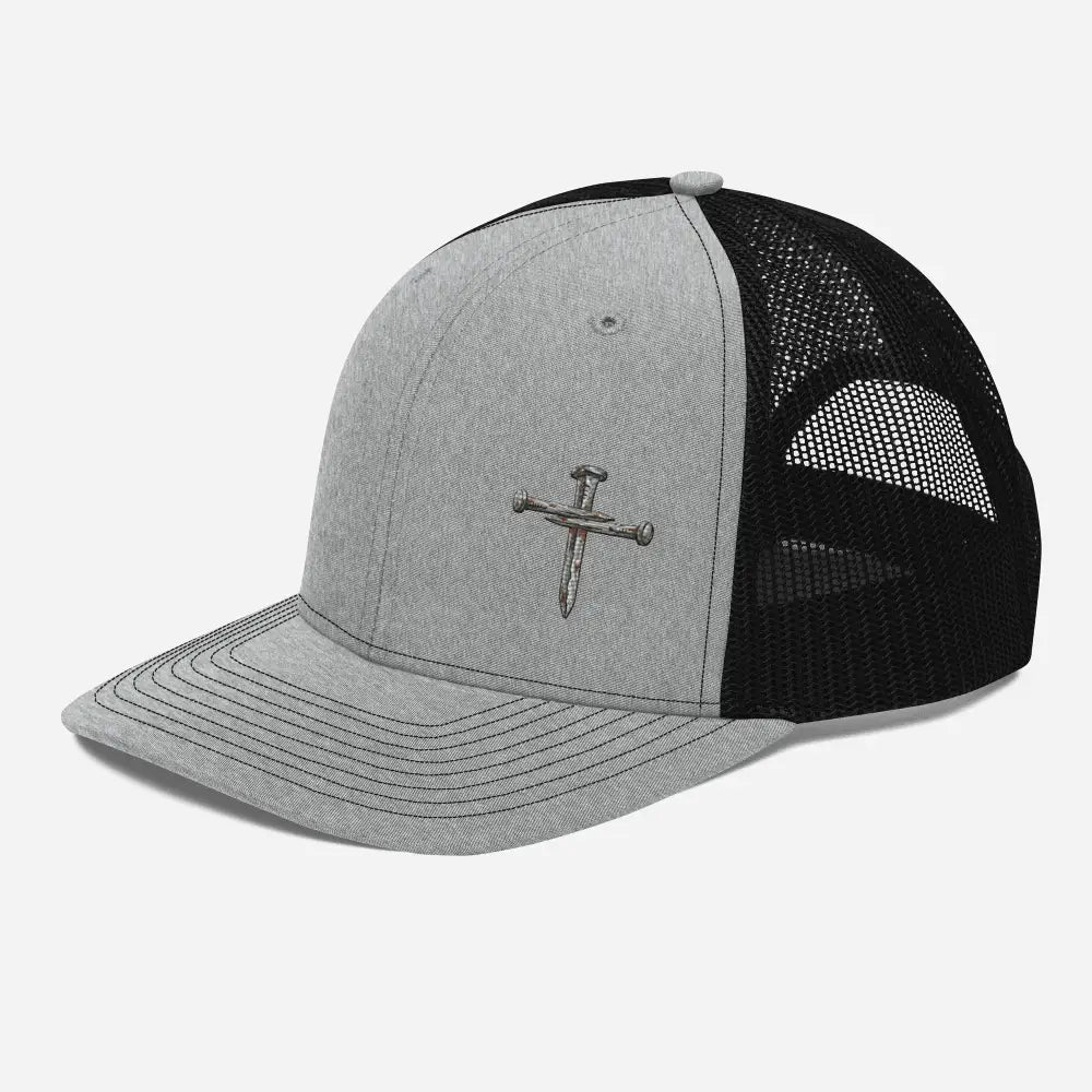 Gray black mesh trucker hat with nail cross embroidery, Richardson 112 Christian faith gift