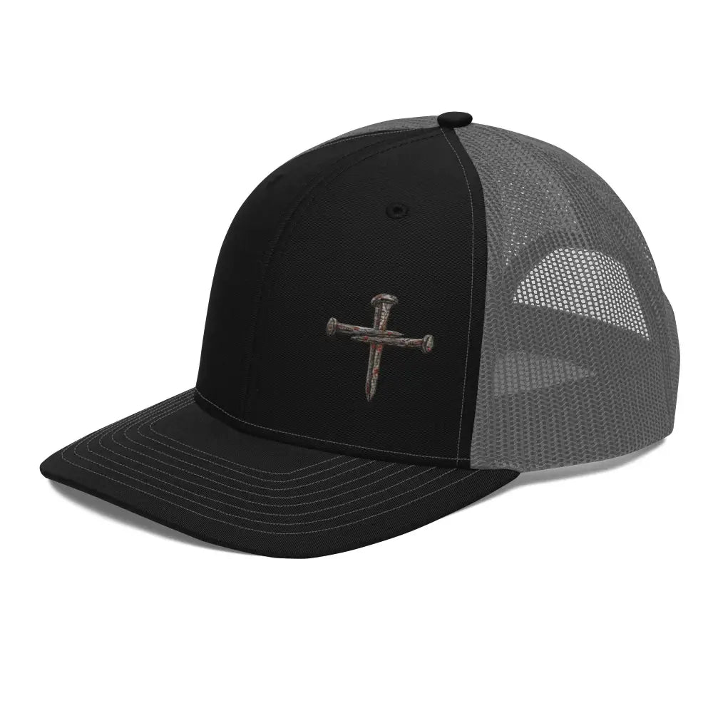 Nail cross embroidered black trucker hat, Christian gift by Trini Skies Graphics