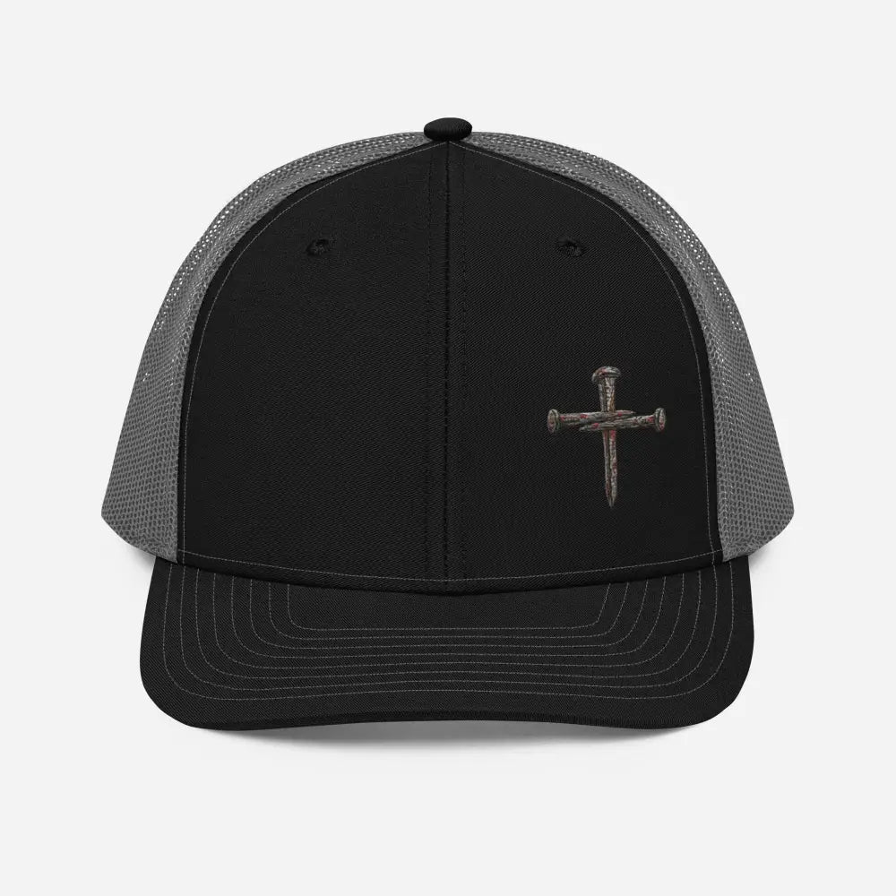 Black and gray nail cross embroidered trucker hat, Christian gift