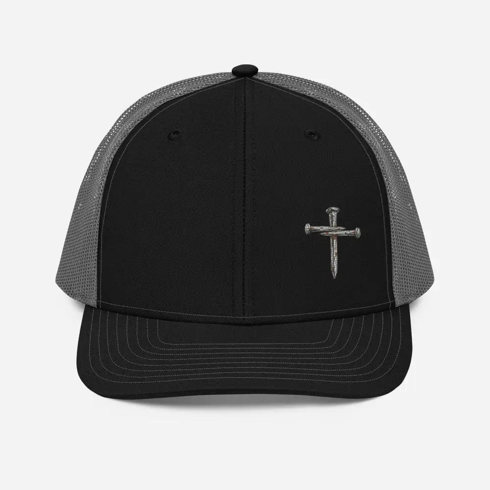 Black and gray nail cross trucker hat with Christian faith embroidery, Richardson 112