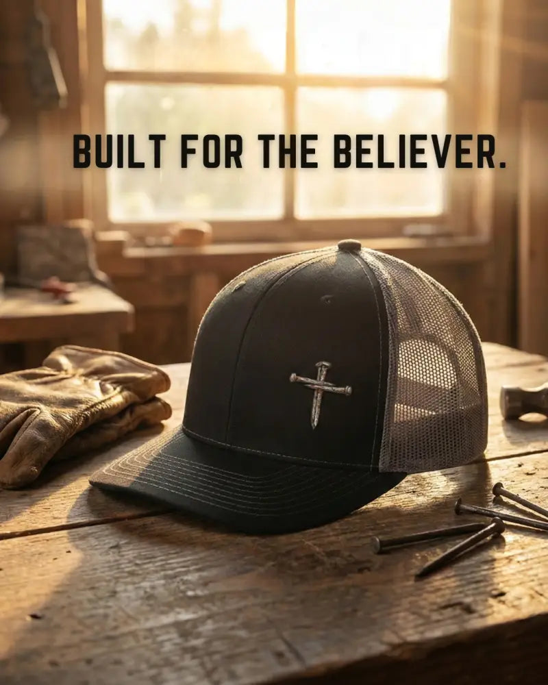 Black nail cross embroidered trucker hat, Richardson 112 Christian faith cap