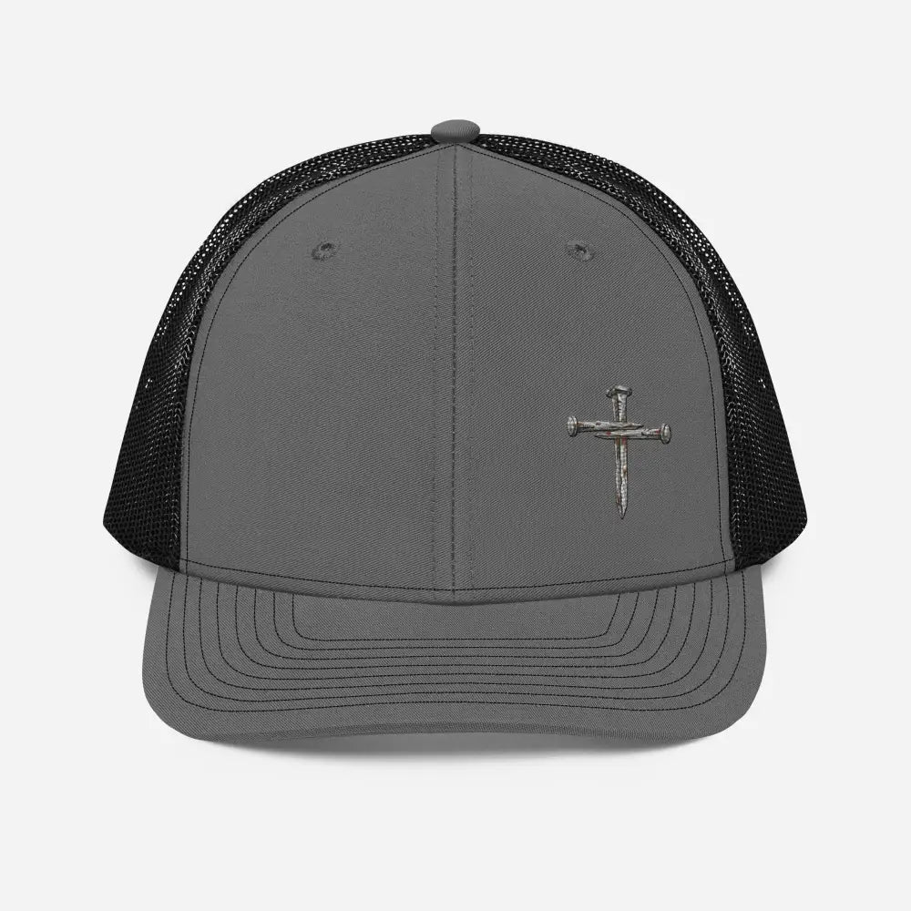 Charcoal gray Richardson 112 nail cross trucker hat for Christian faith