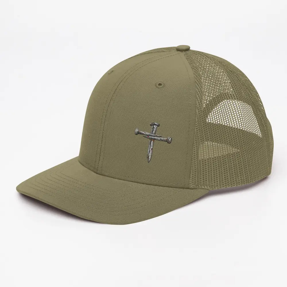 Olive green nail cross trucker hat with mesh back for Christian faith