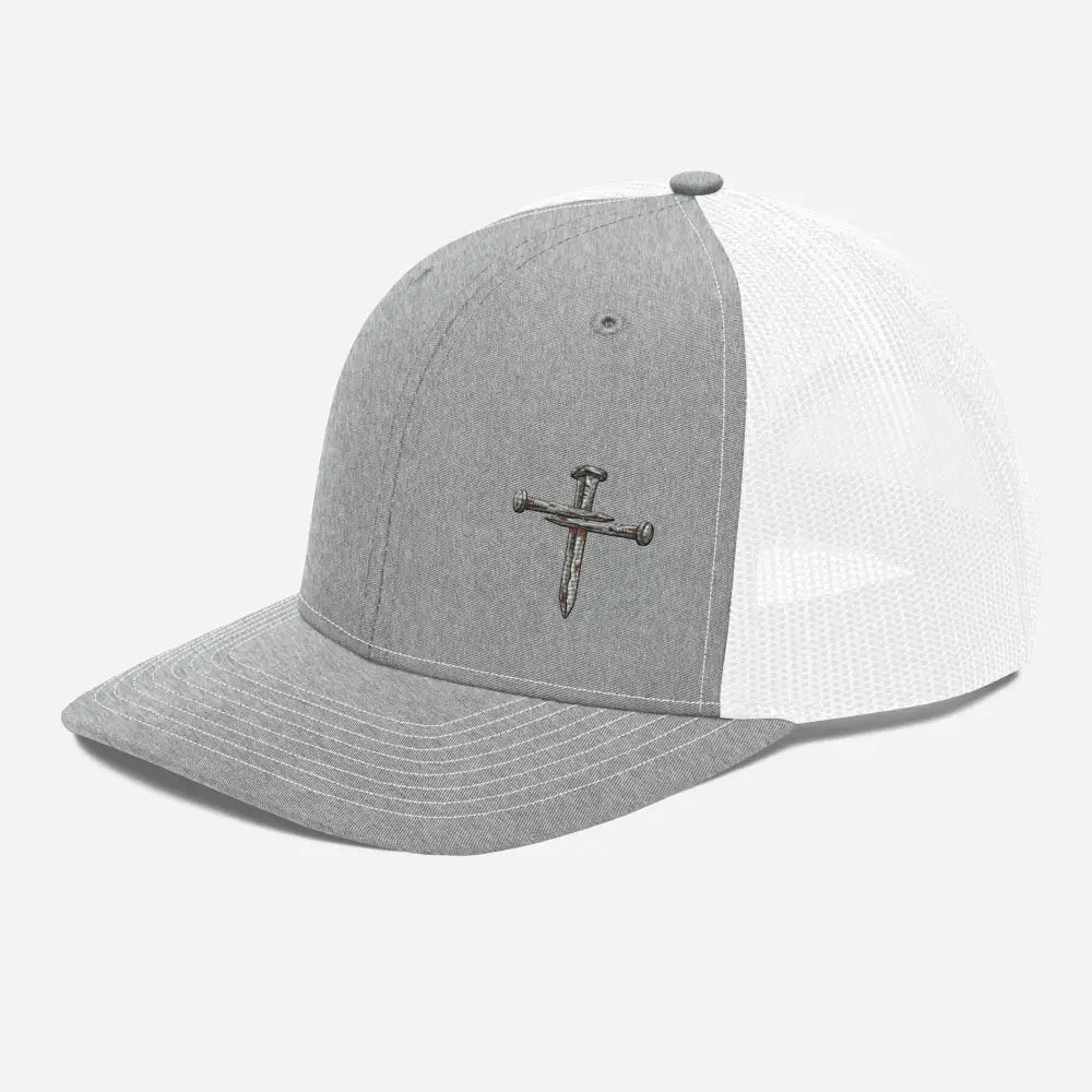 Gray and white Richardson 112 trucker hat with nail cross design for Christian faith