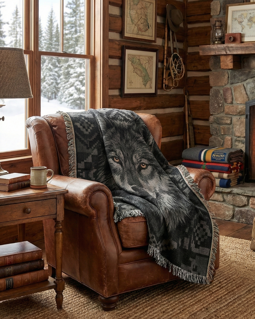 Black Wolf – Woven Cotton Blanket -Monochrome Lodge Edition Wildlife and Nature Gifts