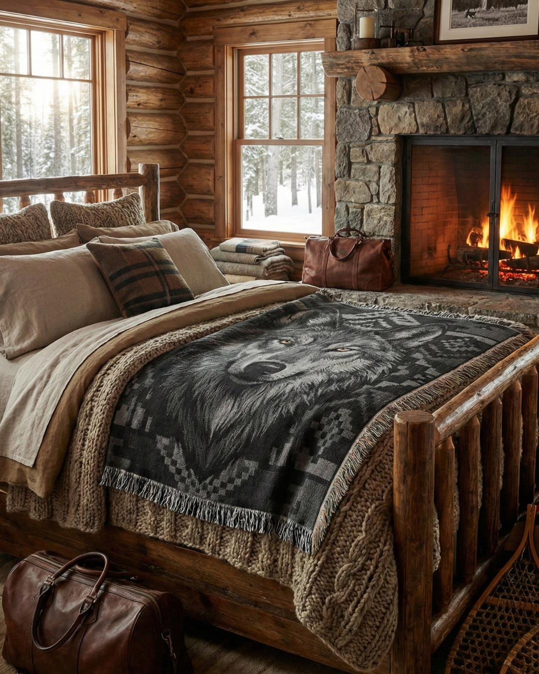 Black Wolf – Woven Cotton Blanket -Monochrome Lodge Edition Wildlife and Nature Gifts