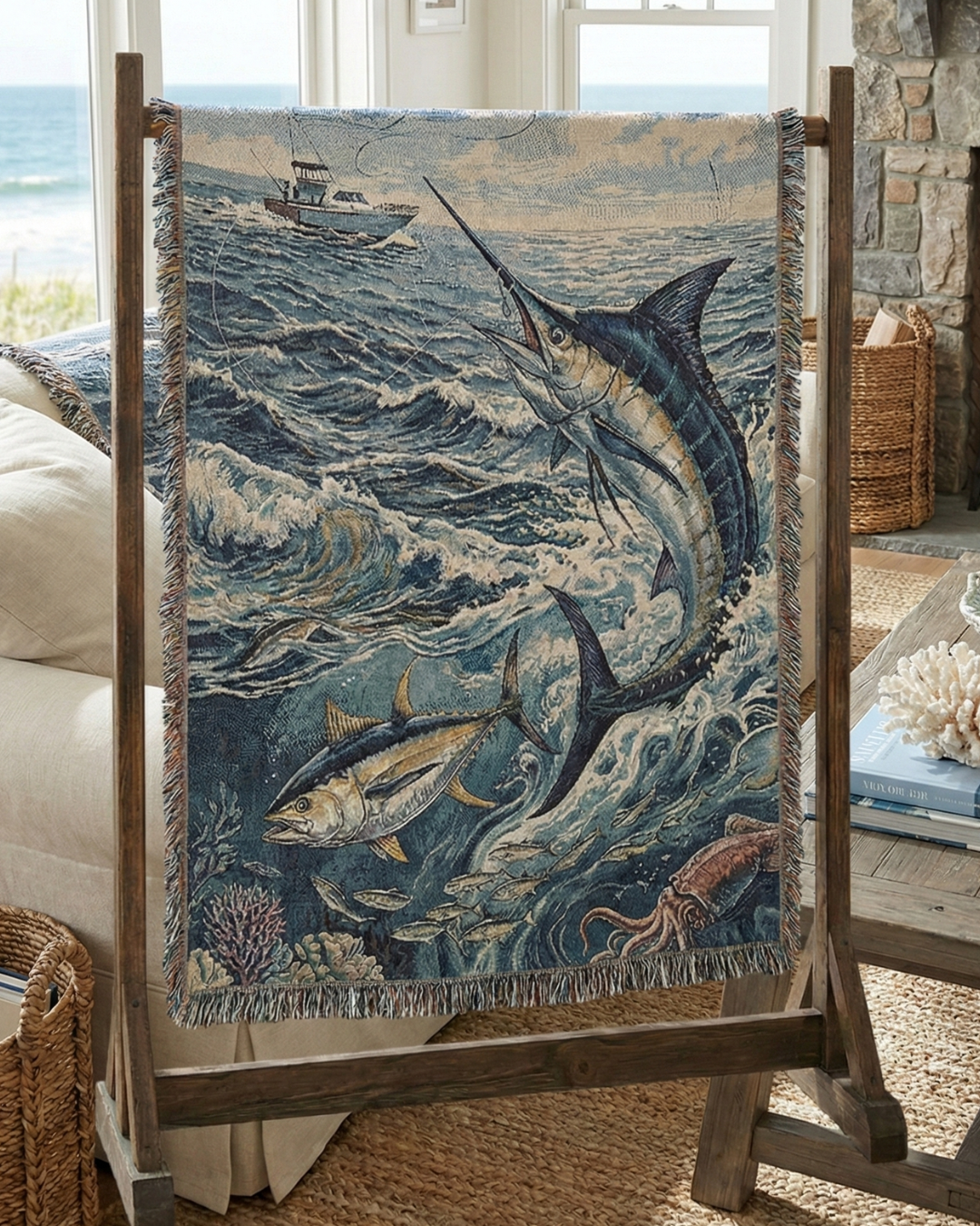 Marlin & Tuna Woven Cotton Blanket – Ocean Wildlife Throw Fishing Gift