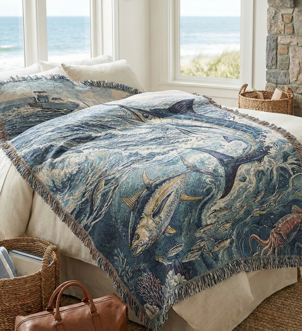Marlin & Tuna Woven Cotton Blanket – Ocean Wildlife Throw Fishing Gift