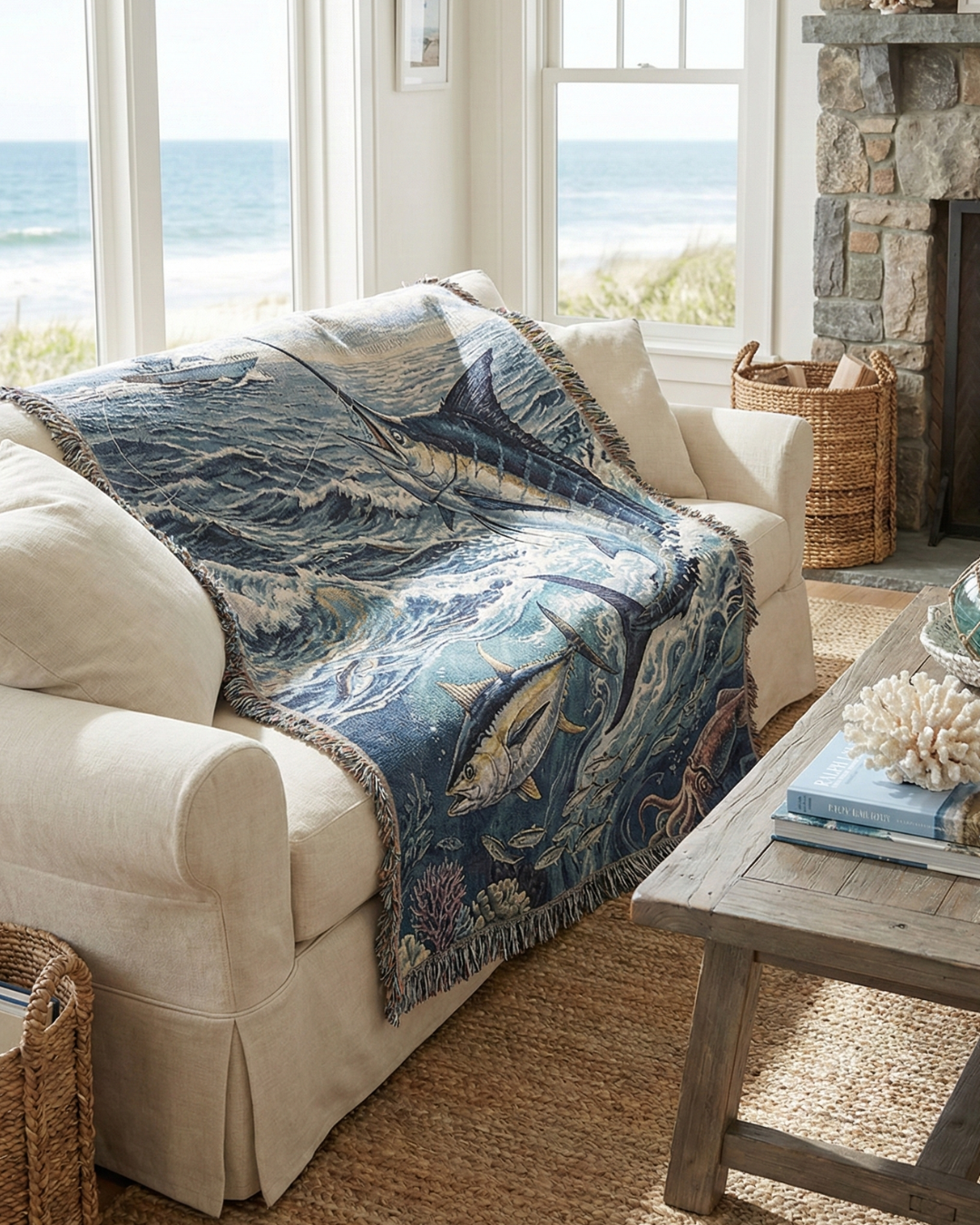 Marlin & Tuna Woven Cotton Blanket – Ocean Wildlife Throw Fishing Gift
