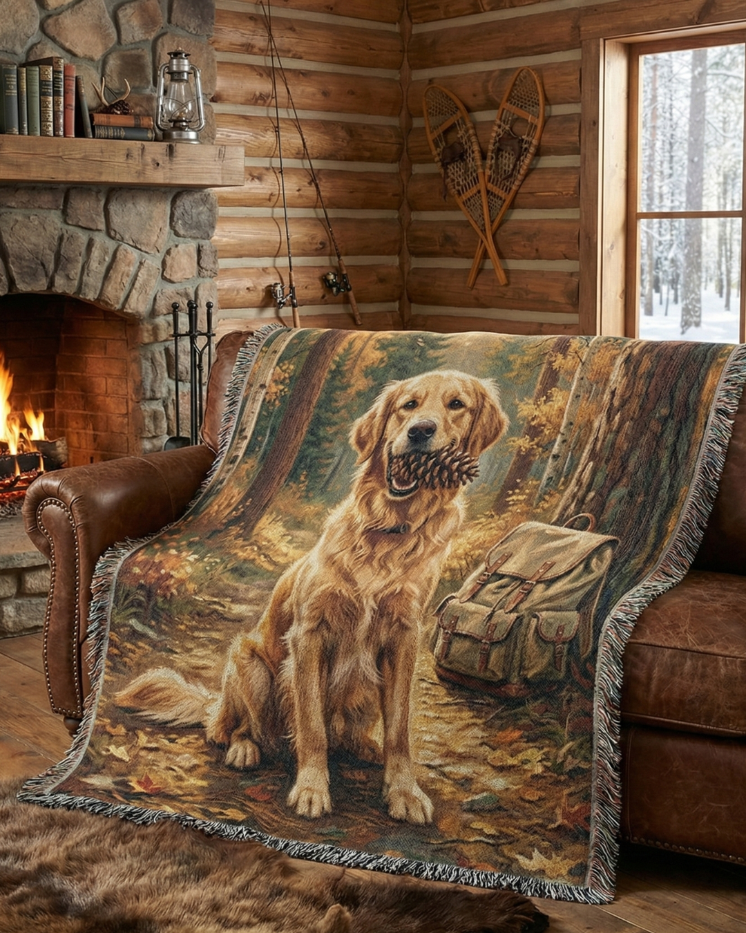 Golden Retriever in Autumn Woods – Woven Cotton Adventure Blanket Pet Lover Gifts