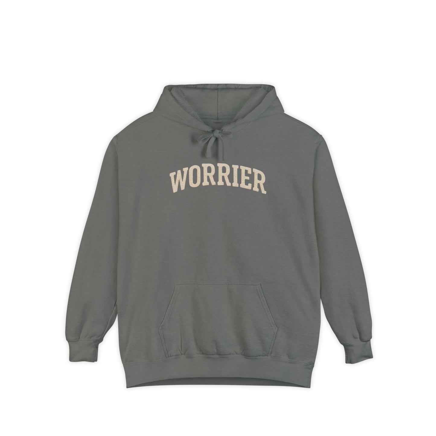 Charcoal gray Anxiety Hoodie with Worrier text in beige, Comfort Colors