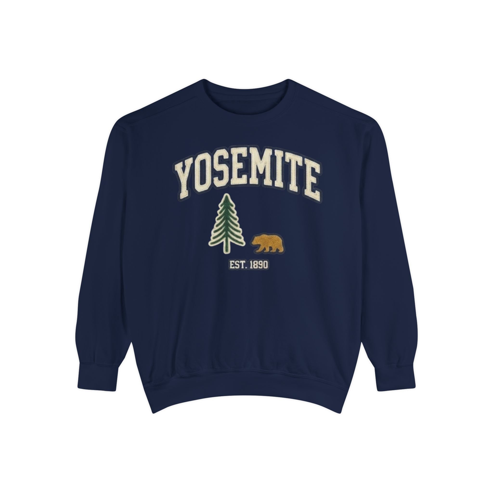 Yosemite National Park navy blue crewneck sweatshirt with bear and pine graphic