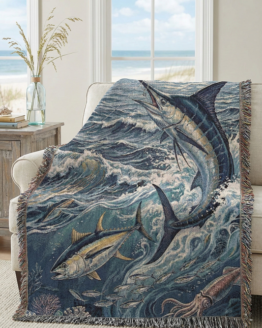 Marlin & Tuna Woven Cotton Blanket – Ocean Wildlife Throw Fishing Gift