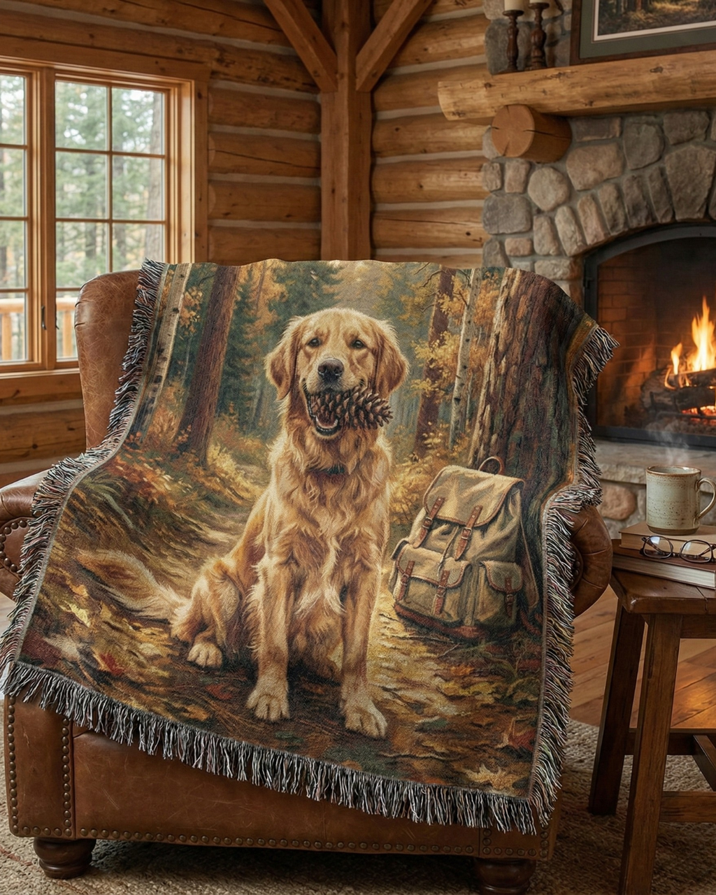 Golden Retriever in Autumn Woods – Woven Cotton Adventure Blanket Pet Lover Gifts