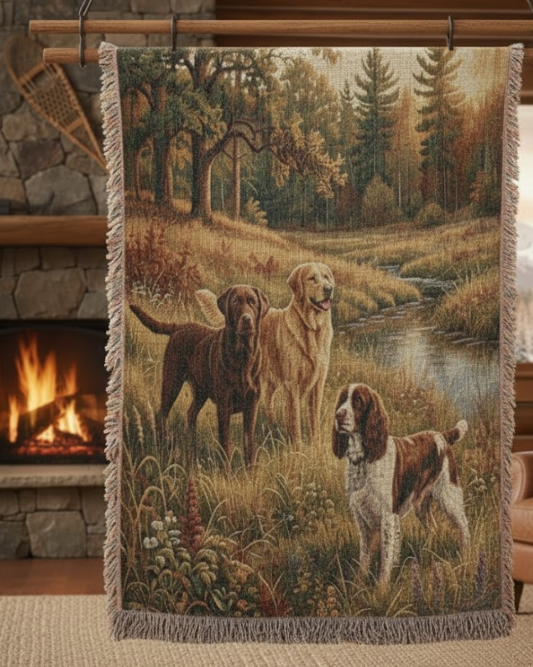 Sporting Dogs at the Creek – Woven Cotton Fieldwork Blanket Nature and Pet Lover Gifts