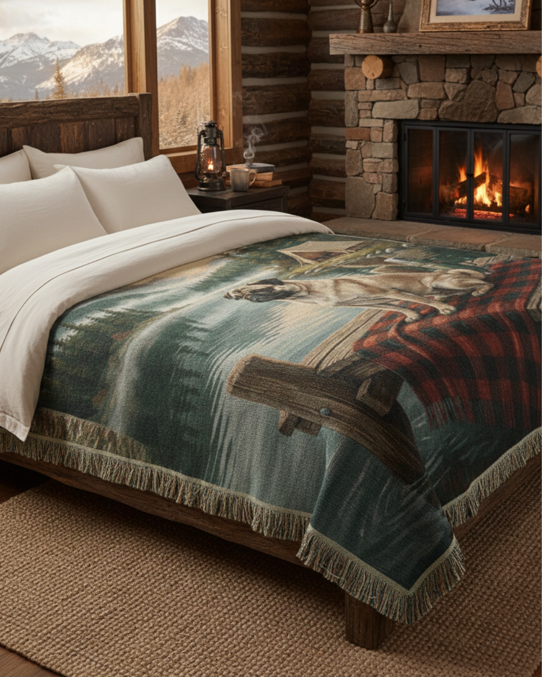 Cabin Lake Pug Woven Cotton Blanket – Vintage Campfire Dog Tapestry Throw Gift