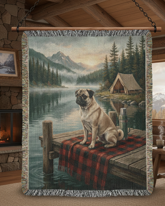 Cabin Lake Pug Woven Cotton Blanket – Vintage Campfire Dog Tapestry Throw Gift