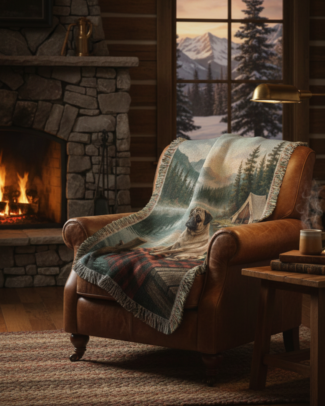 Cabin Lake Pug Woven Cotton Blanket – Vintage Campfire Dog Tapestry Throw Gift