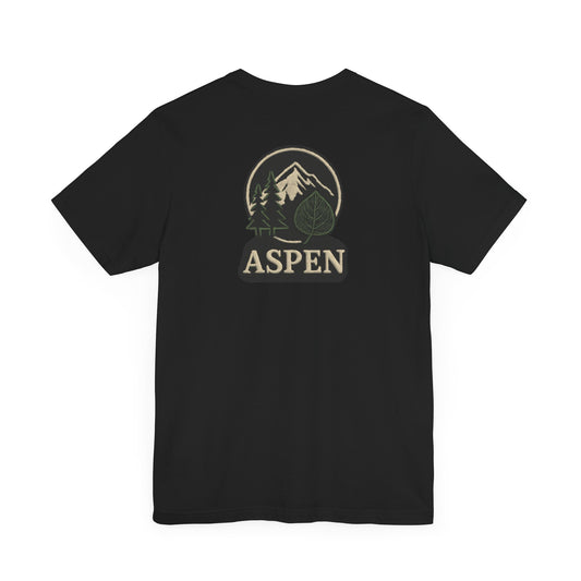 Aspen Division Graphic Tee Mountain Back Print with Minimal Front Badge Hiking, Camping, Travel