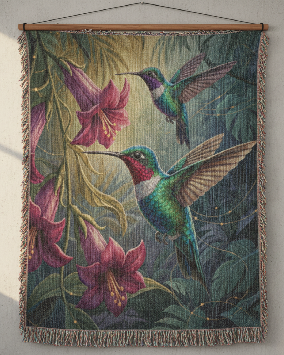 Hummingbirds in Orchid Canopy – Woven Cotton Botanical Art Blanket Bird Lover Gifts