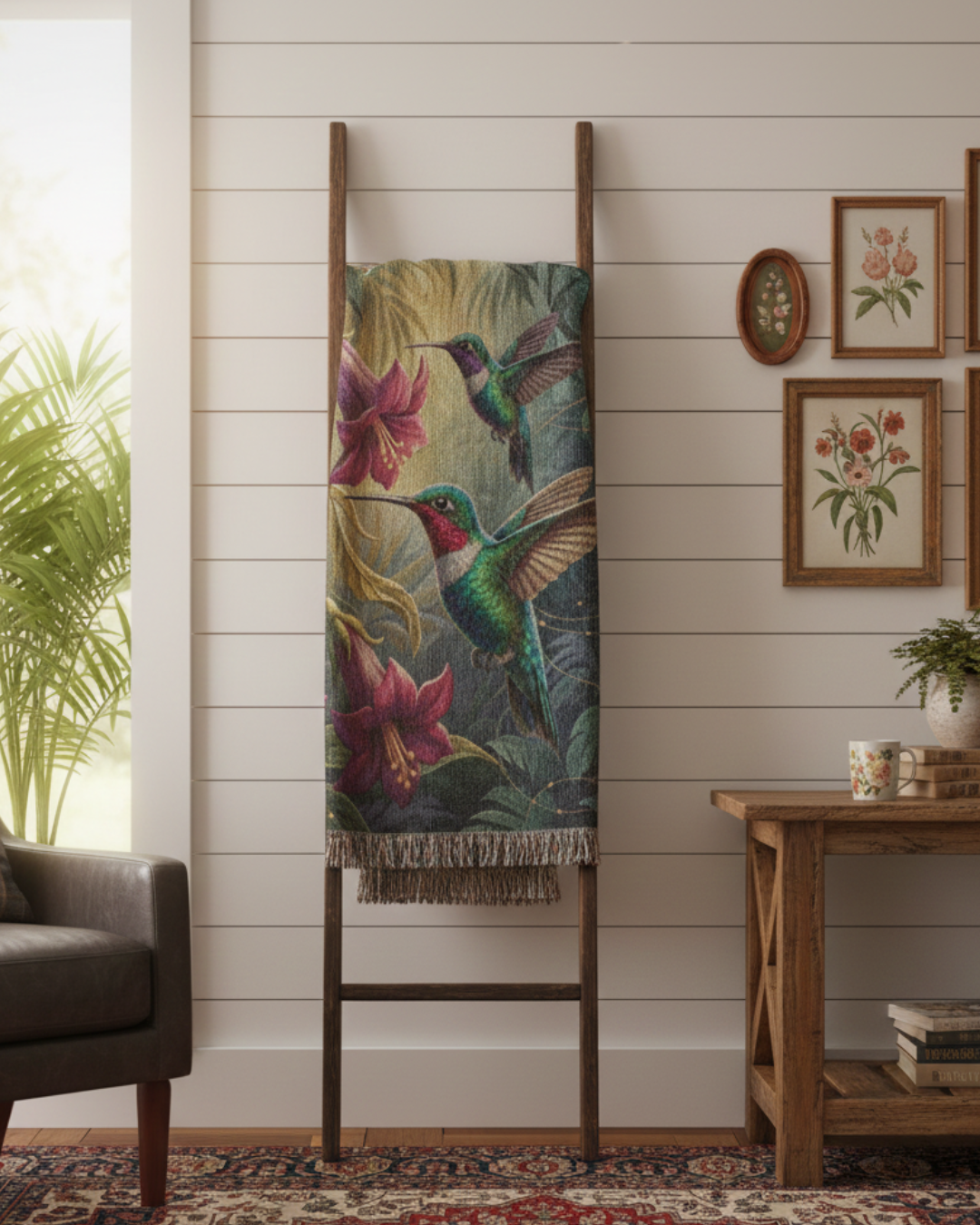 Hummingbirds in Orchid Canopy – Woven Cotton Botanical Art Blanket Bird Lover Gifts