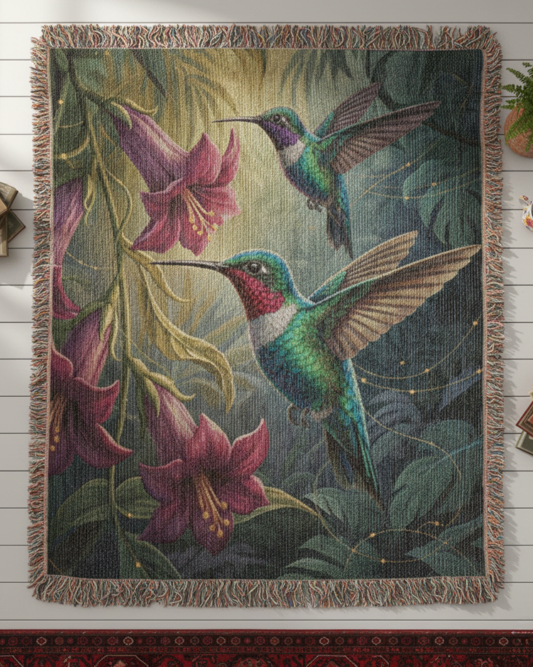 Hummingbirds in Orchid Canopy – Woven Cotton Botanical Art Blanket Bird Lover Gifts