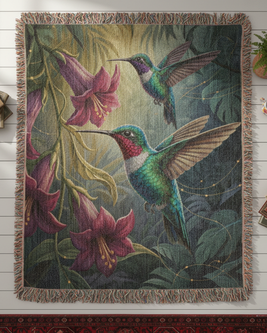 Hummingbirds in Orchid Canopy – Woven Cotton Botanical Art Blanket Bird Lover Gifts