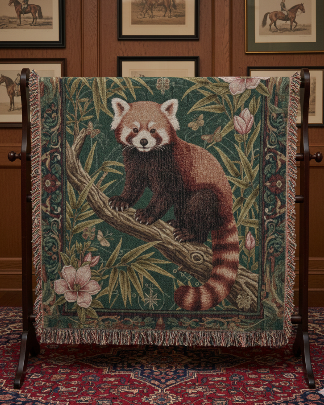 Red Panda in Bamboo Garden – Woven Cotton Woodland Throw  Blanket Tapestry