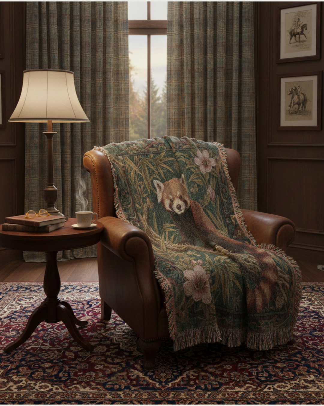 Red Panda in Bamboo Garden – Woven Cotton Woodland Throw  Blanket Tapestry