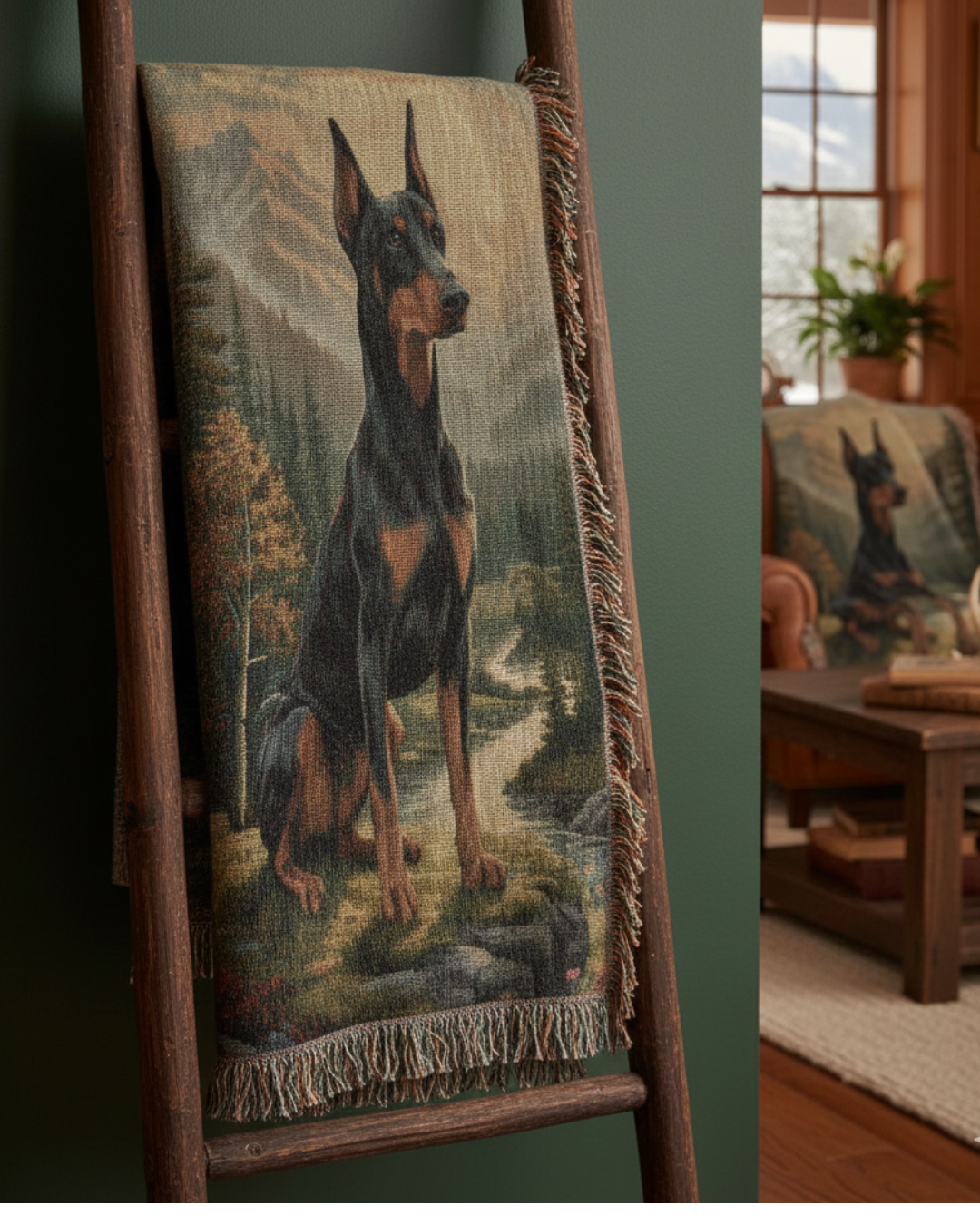 Doberman in the Mountain Valley – Woven Cotton Protector's Blanket Pet Lover Gifts