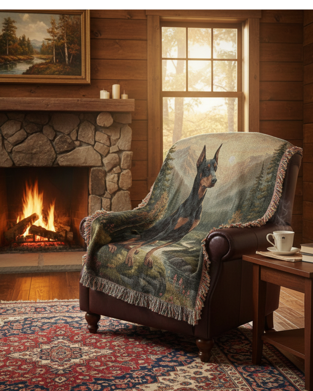 Doberman in the Mountain Valley – Woven Cotton Protector's Blanket Pet Lover Gifts