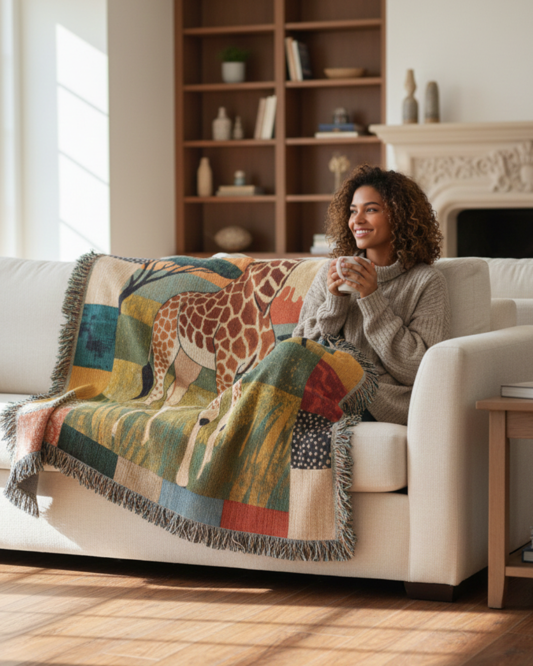 Giraffe Woven Blanket – Art Textile Throw with Patchwork Border, Nature-Inspired Home Decor Gifts