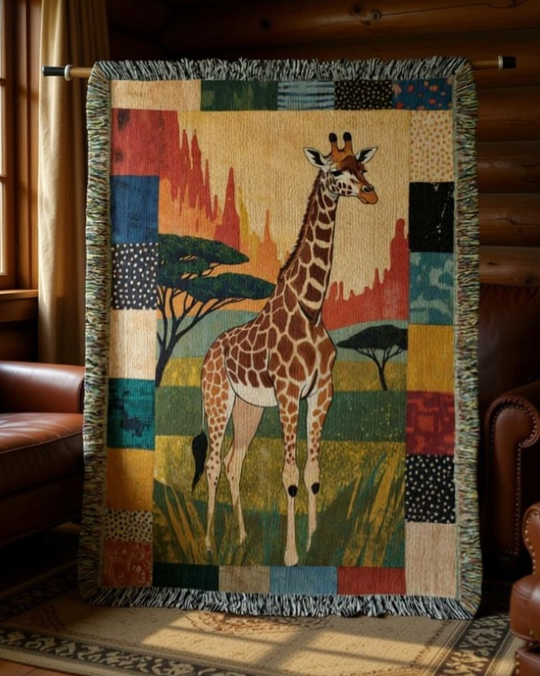 Giraffe Woven Blanket – Art Textile Throw with Patchwork Border, Nature-Inspired Home Decor Gifts