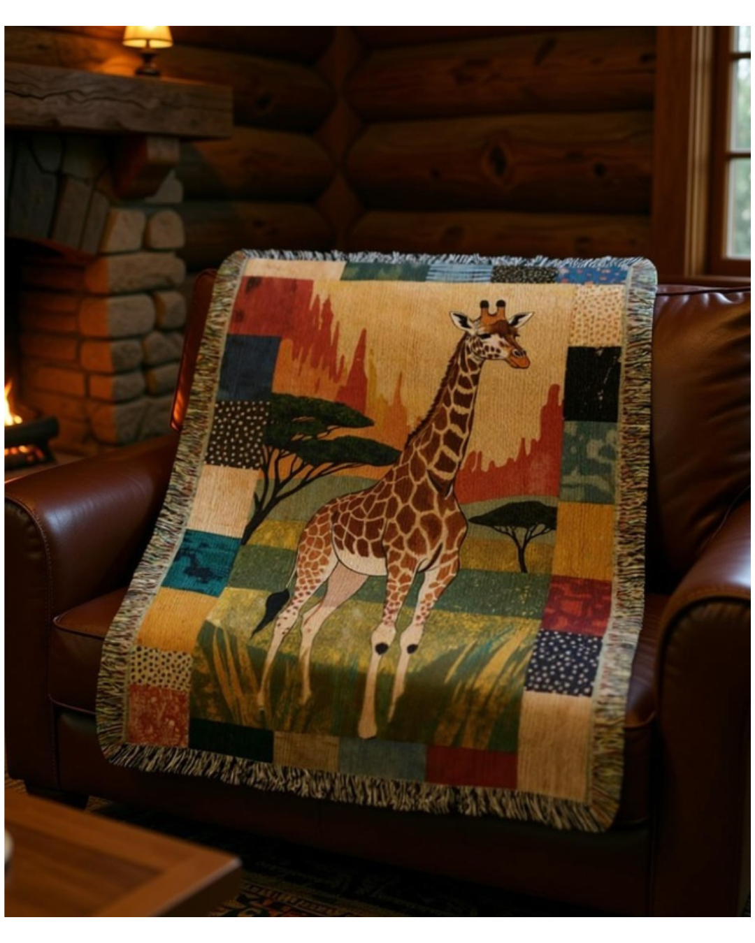 Giraffe Woven Blanket – Art Textile Throw with Patchwork Border, Nature-Inspired Home Decor Gifts