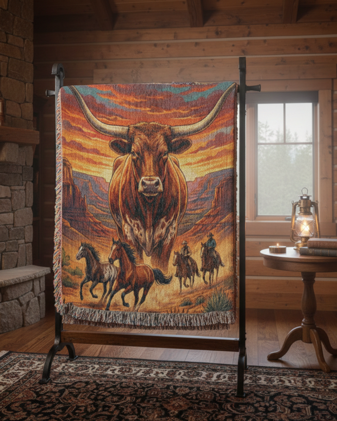 Majestic Longhorn Western Woven Blanket – Wild Horses & Cowboy Canyon Art Throw, Rustic Southwest Home Décor