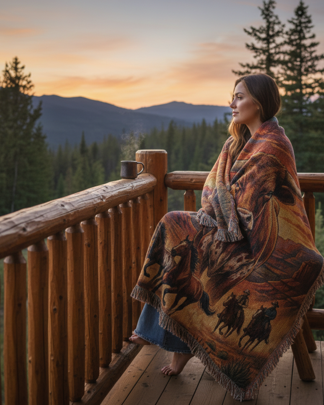 Majestic Longhorn Western Woven Blanket – Wild Horses & Cowboy Canyon Art Throw, Rustic Southwest Home Décor